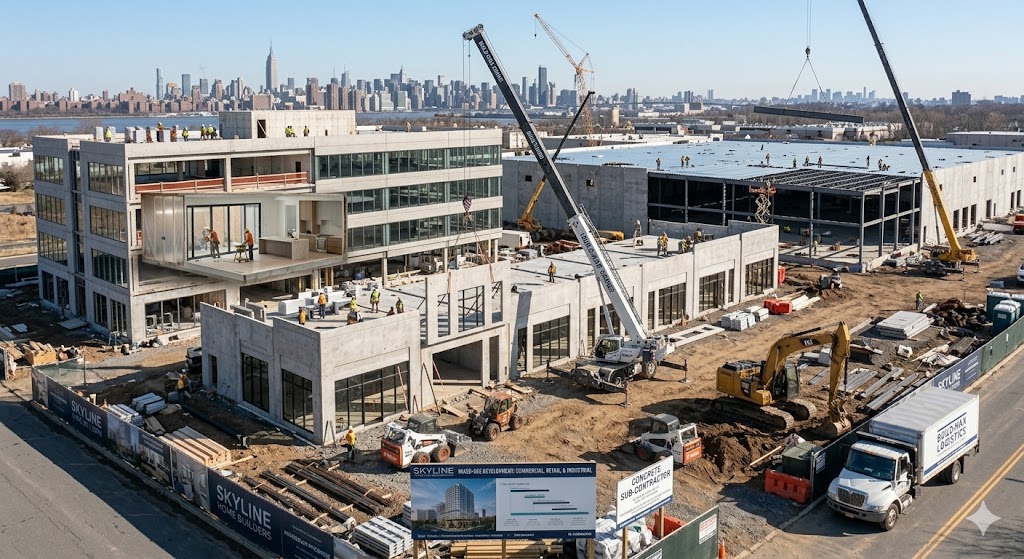 Commercial construction site showing office buildings, retail spaces, and industrial structures under development with cranes and construction workers on site.