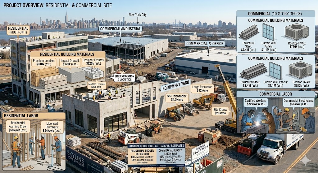Construction costs breakdown showing building materials, labor, equipment, and budgeting calculations for residential and commercial construction projects.