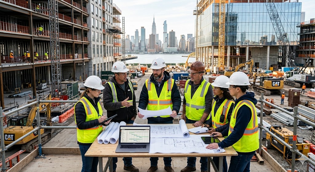 Professional construction company team managing residential and commercial building projects