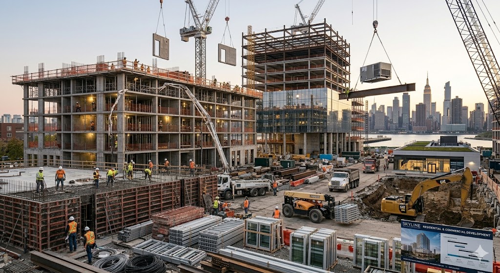 Modern construction process for residential and commercial building projects with workers, machinery, and structural development underway