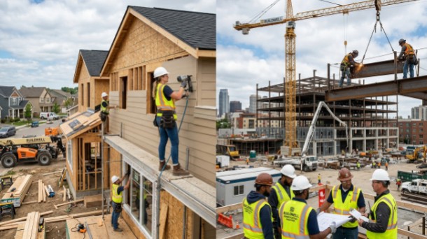 Professional construction services team working on residential and commercial building projects