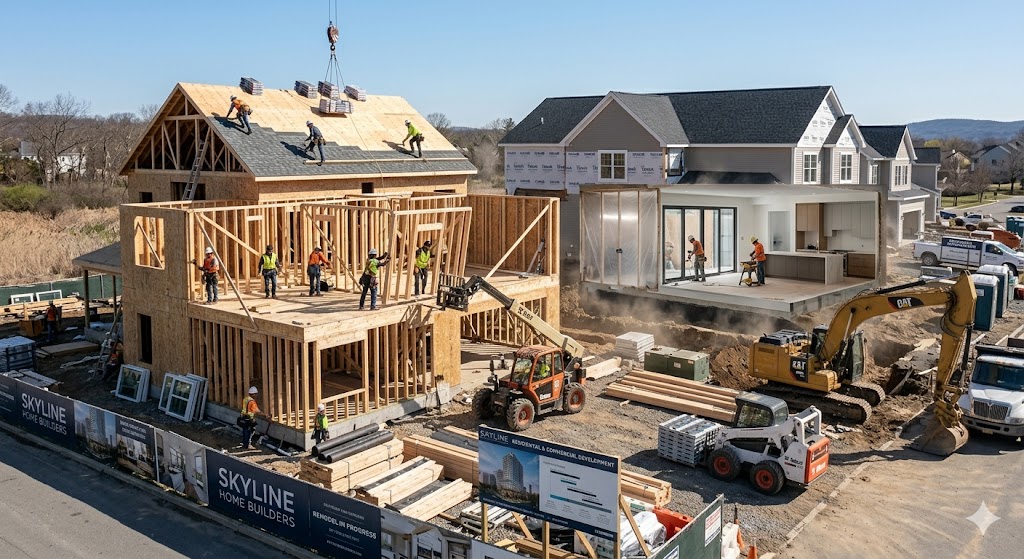 Residential construction process showing home building, framing, roofing, and modern remodeling work on a house site with workers and equipment